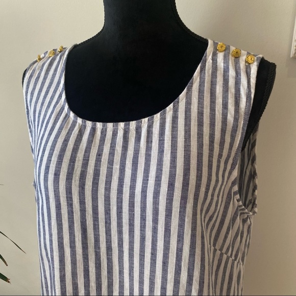 ELLEN TRACY Striped Linen Relaxed Blouse White Blue with Gold Shoulder Detail L - Picture 3 of 13